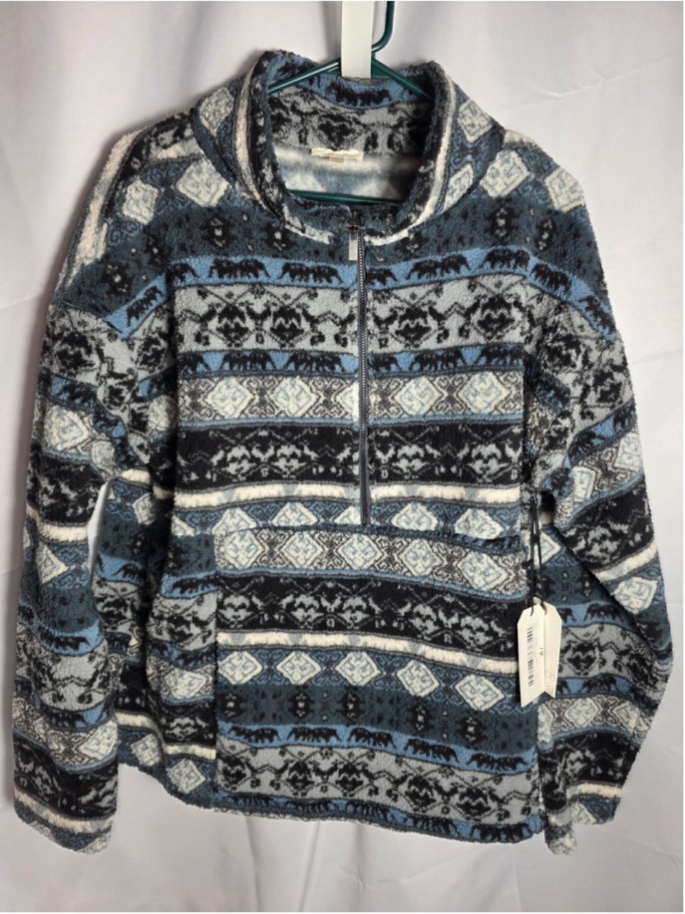 Women's Cotton Bleu Fleece Pullover Sweatshirt Size S Blue Black Elephant Print